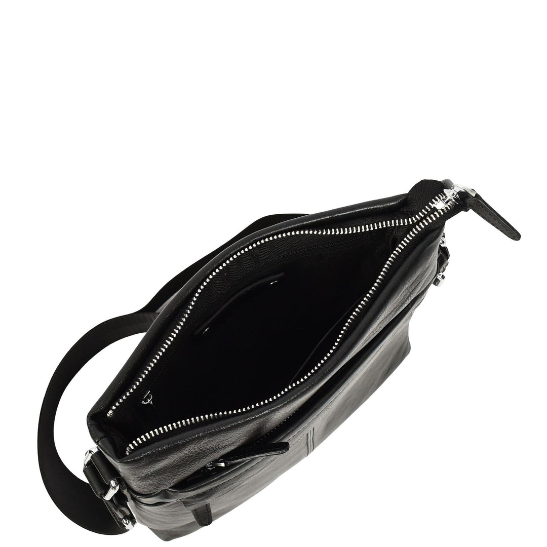 Mens Real Leather Cross body Bag Messenger Shoulder Flight Bag Classic Design Zion Black