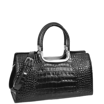 Womens Leather Croc Print Handbag Madeline Black-1