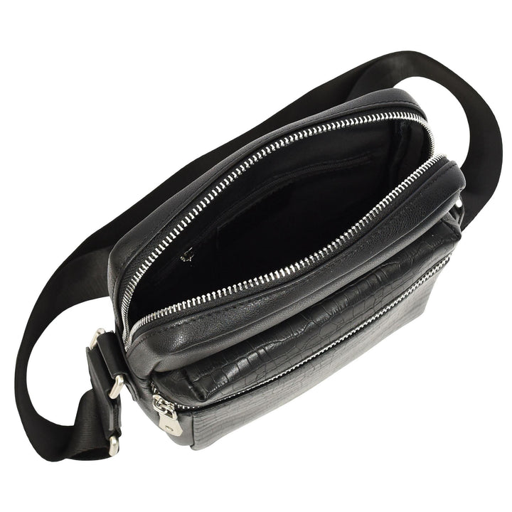 Mens Real Leather Croc-Print Crossbody Bag Casual Messenger Flight Pouch Delmon Black