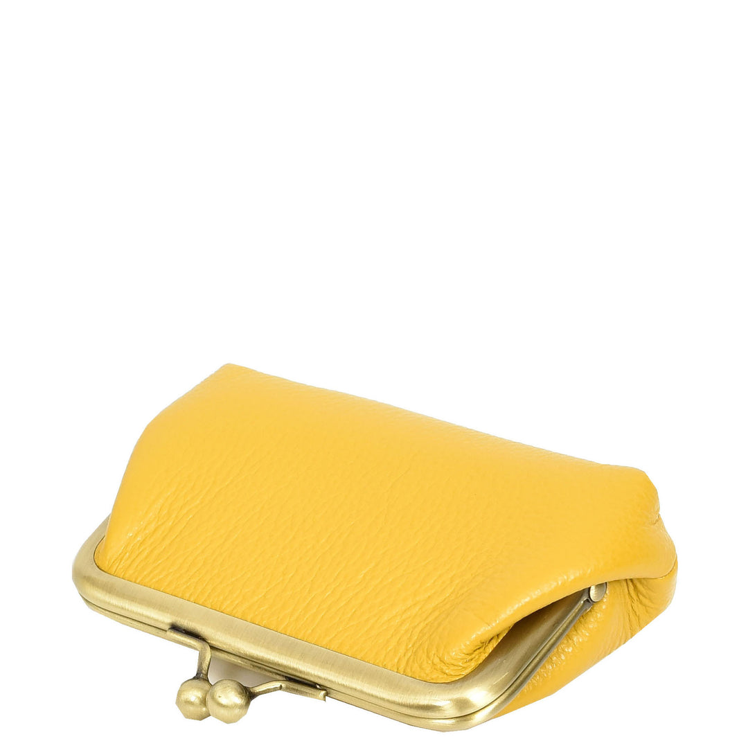 Womens Real Leather Small Coin Purse with Kiss Lock Closure HOL2205 Yellow