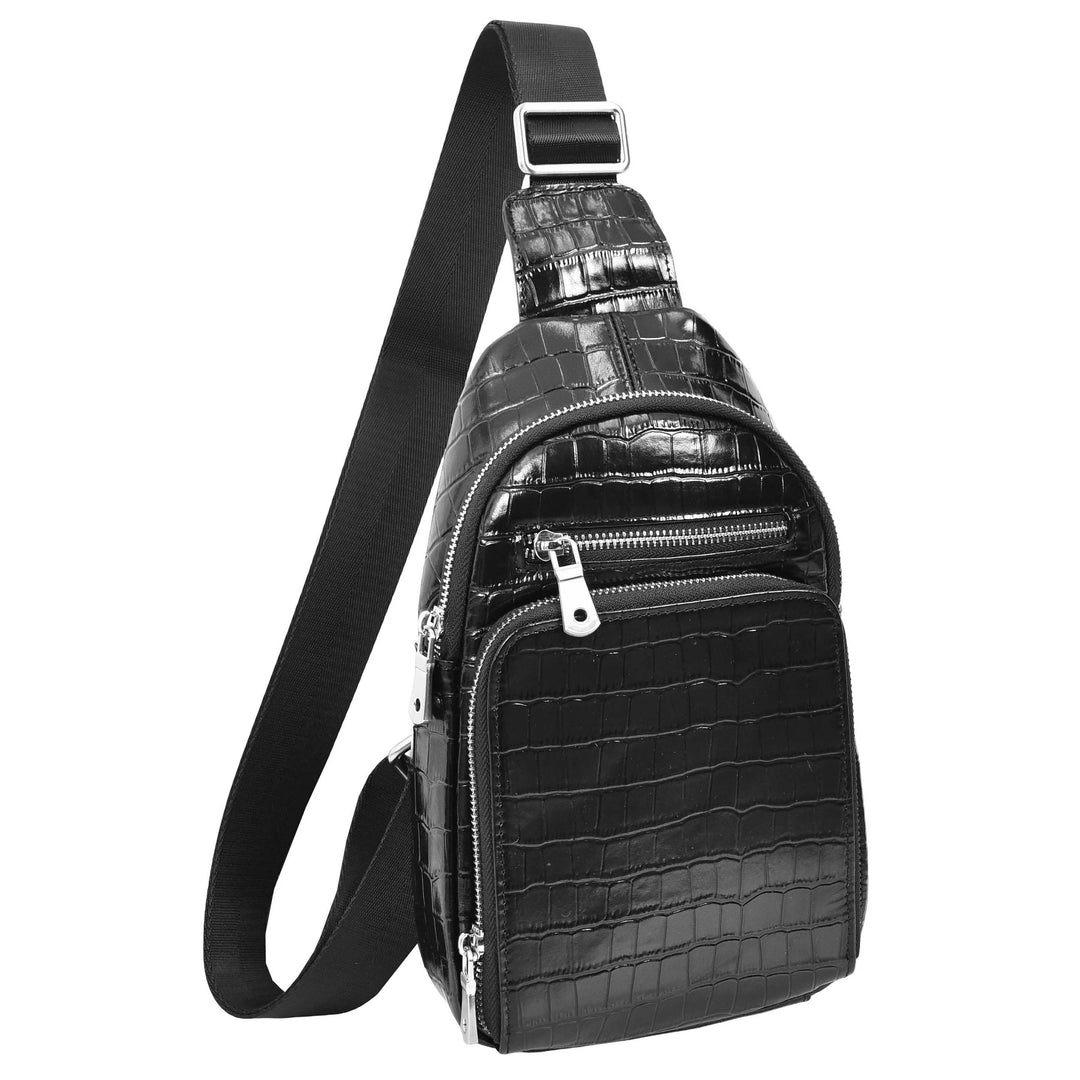 Men's Leather Sling Bag Crossbody Chest Pack Croc-Embossed Alden Black 2