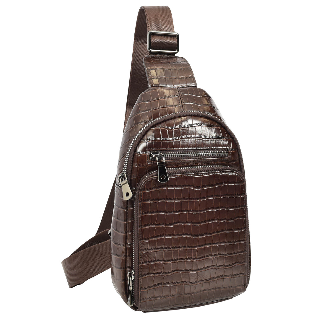 Men's Leather Sling Bag Crossbody Chest Pack Croc-Embossed Alden Brown 2