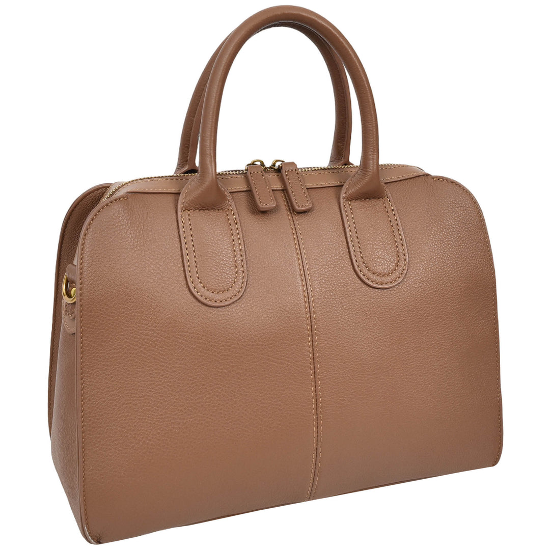 Womens Real Leather Handbag Classic Organiser Top-Handle Style Meadow Brown-3