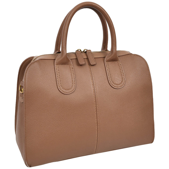 Womens Real Leather Handbag Classic Organiser Top-Handle Style Meadow Brown-3