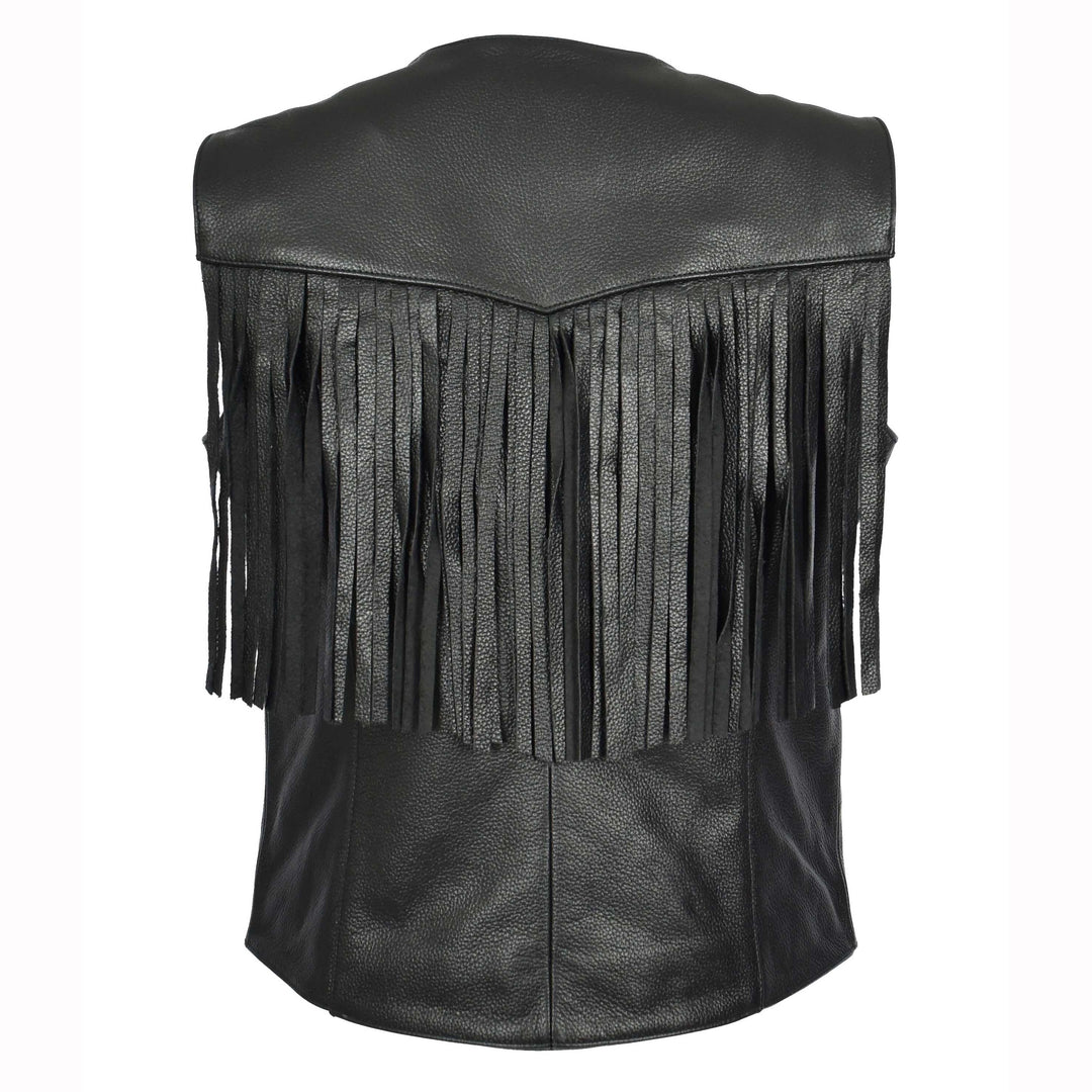 Women's Black Cowhide Leather Waistcoat Rider Biker Style with Fringe Details, Raven