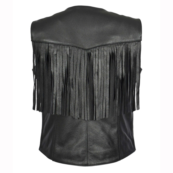 Women's Black Cowhide Leather Waistcoat Rider Biker Style with Fringe Details, Raven