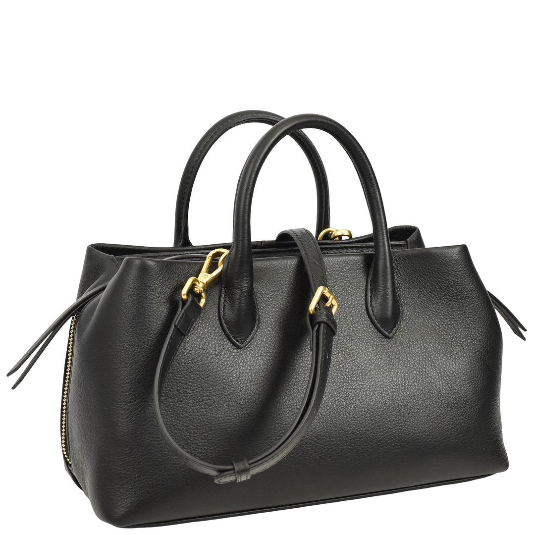 Women's Leather Structured Tote Handbag Detachable Strap Ingrid Black 3