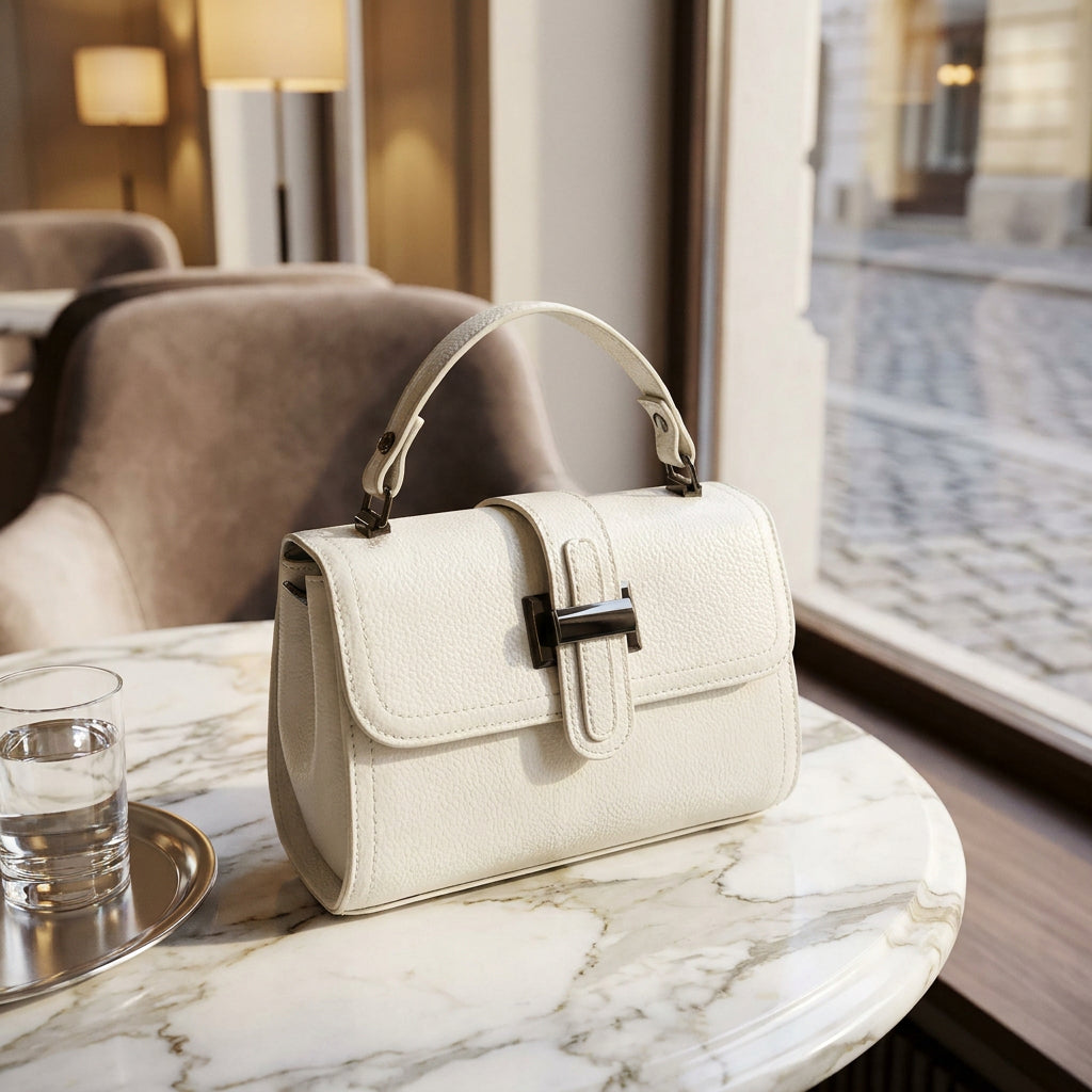 Womens Leather Shoulder Handbag Top Handle Crossbody Bag Polly White