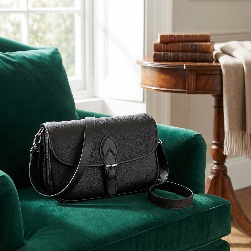 Women's Leather Classic Shoulder Bag Casual Style with Multiple Straps Capri Black
