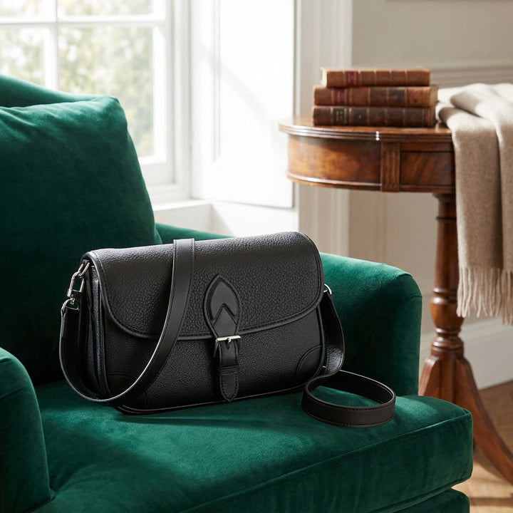 Women's Leather Classic Shoulder Bag Casual Style with Multiple Straps Capri Black