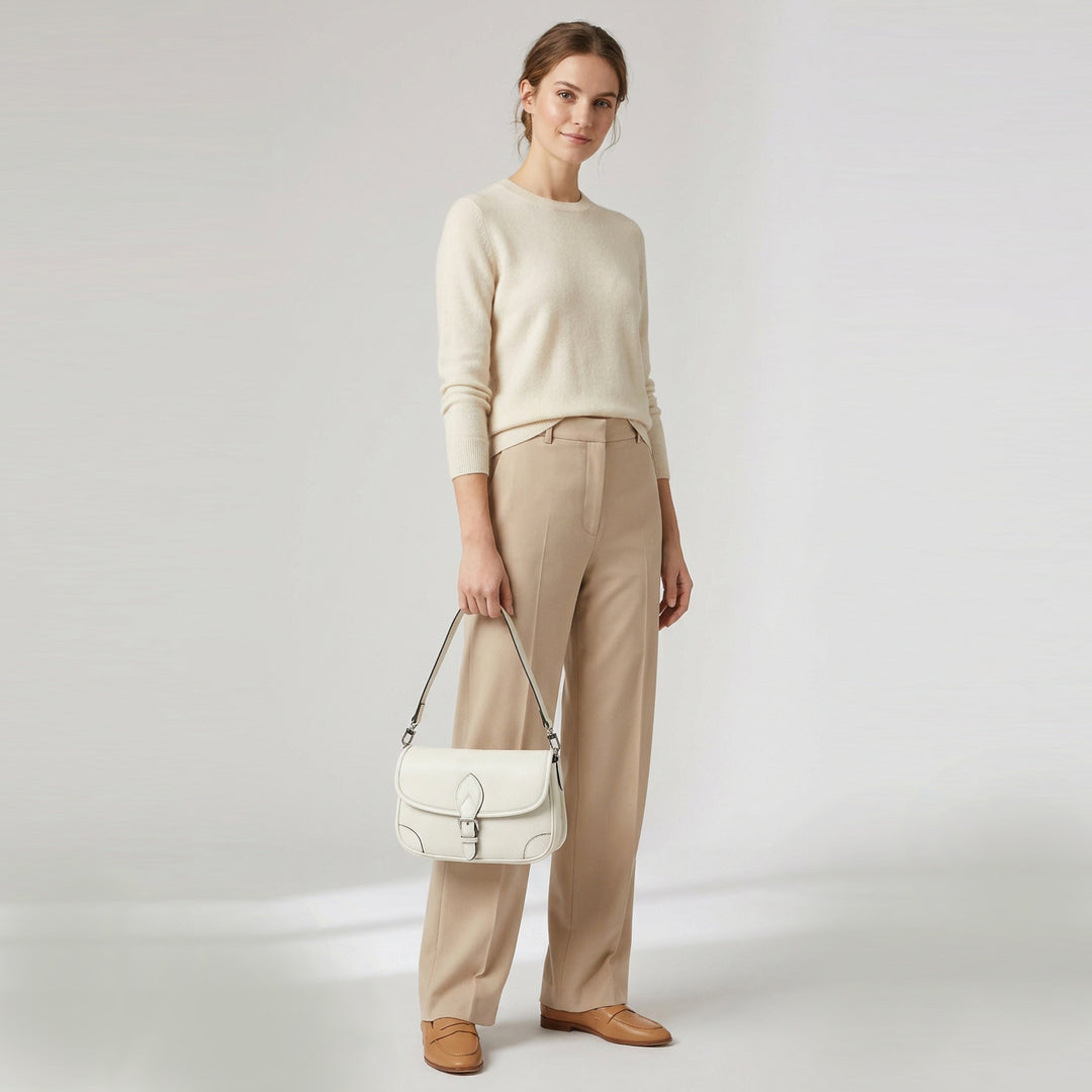 Women's Leather Classic Shoulder Bag Casual Style with Multiple Straps Capri White