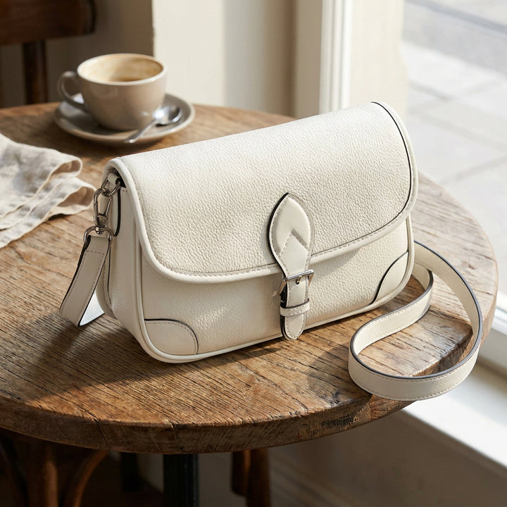 Women's Leather Classic Shoulder Bag Casual Style with Multiple Straps Capri White