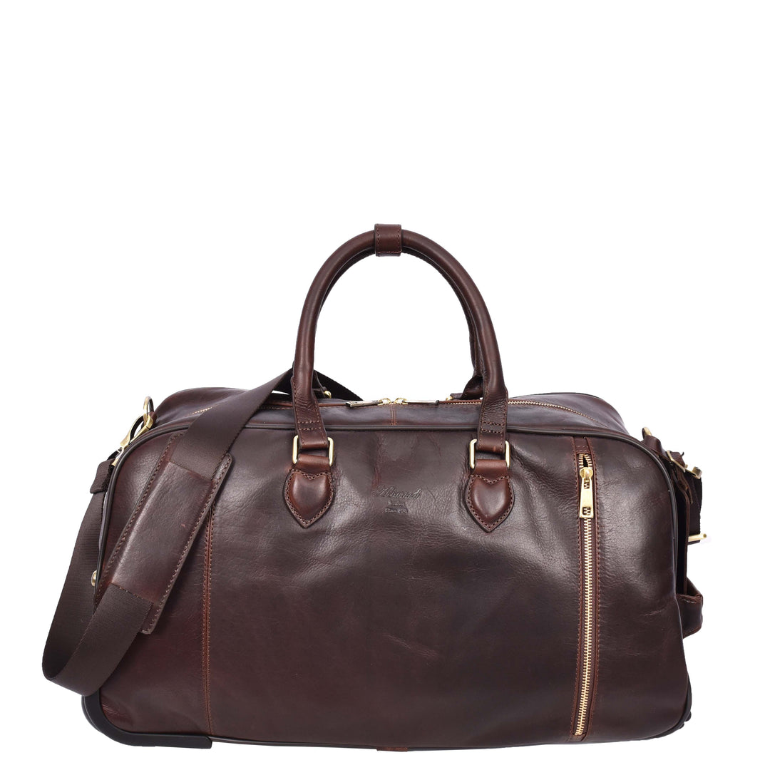 Genuine Leather Wheeled Holdall Duffel Weekend Overnight Bag Whitby Brown-3