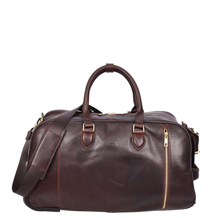 Genuine Leather Wheeled Holdall Duffel Weekend Overnight Bag Whitby Brown-3