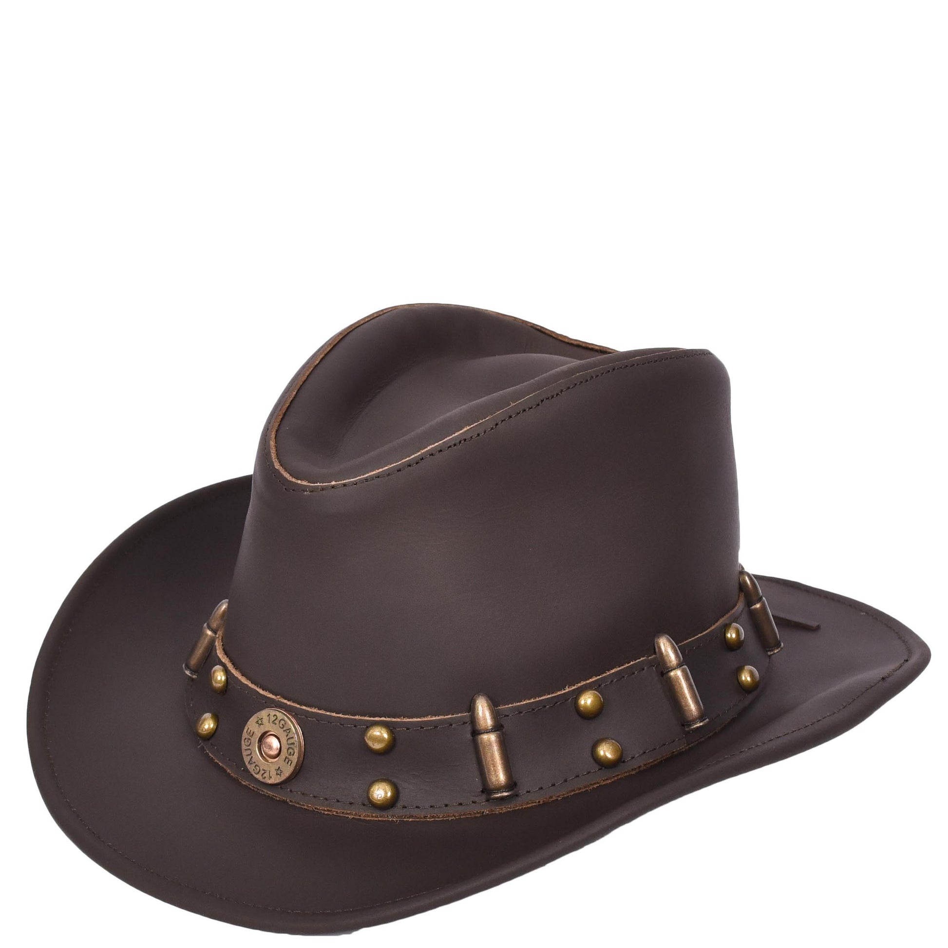 Real Leather Bullet Ornament Cowboy Western Australian Bush Hat HL3345 Brown-2