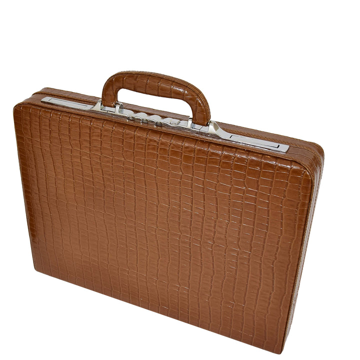 Croc-Print Brown Leather Classic Attaché Briefcase Bag Slim Line Dual Lock HOL87
