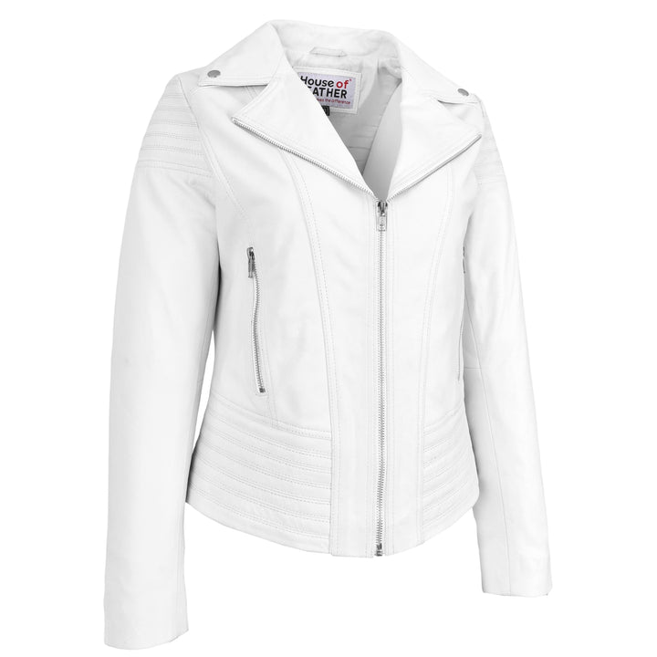 Womens Real Leather Biker Jacket Trendy Fitted Casual Style Emily White-4
