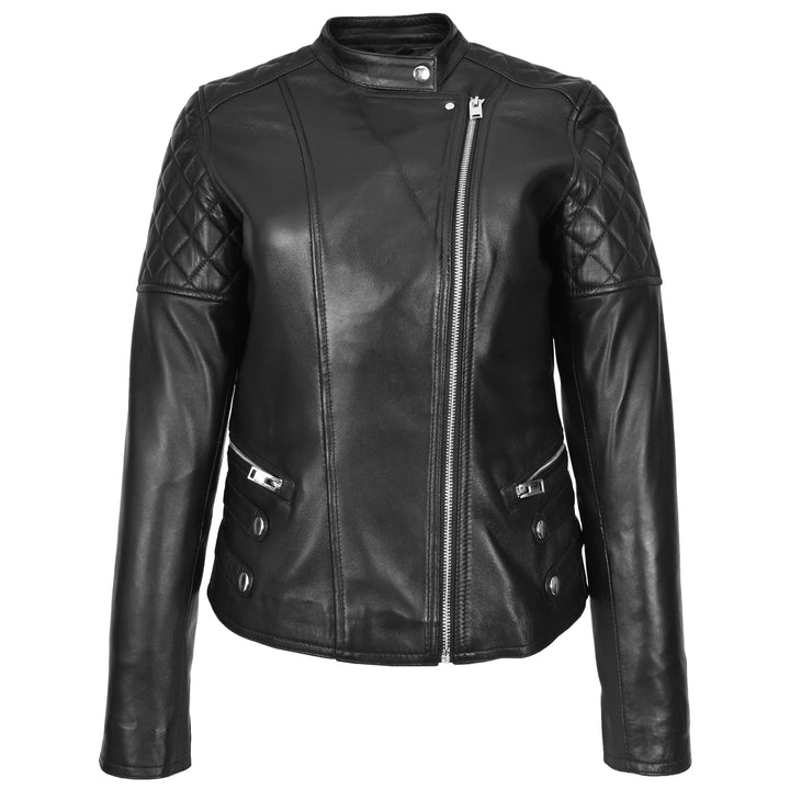 Womens Real Leather Biker Jacket Classic Cross Zip Style Molly Black-3