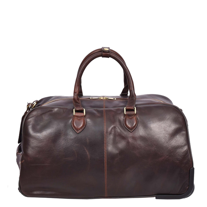 Genuine Leather Wheeled Holdall Duffel Weekend Overnight Bag Whitby Brown-2