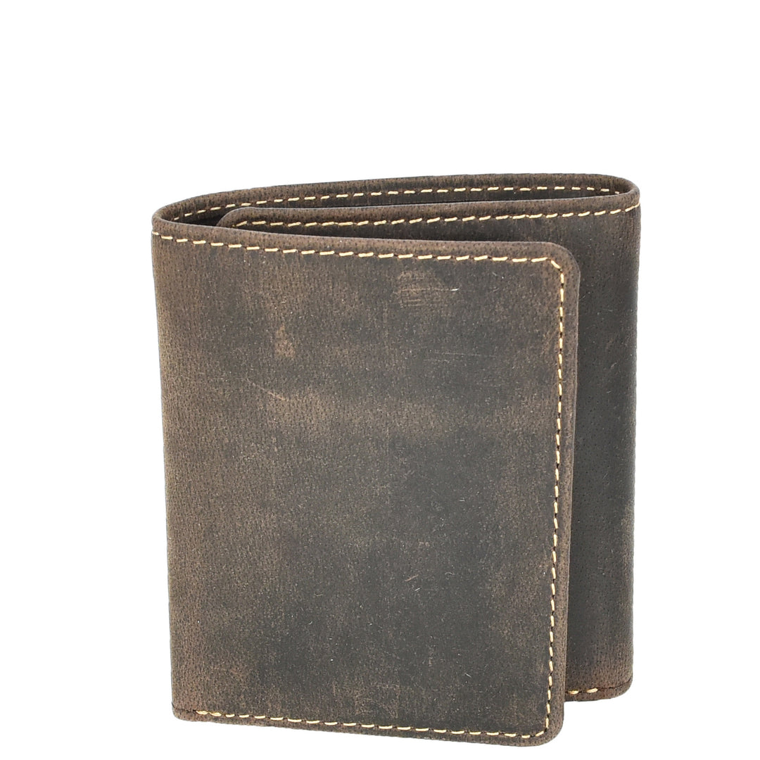 Mens Real Leather Tri-fold Wallet Credit Cards Banknotes ID Card RFID Blocking HOL700 Oil Brown