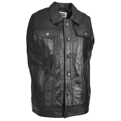 Mens Real Leather Waistcoat Classic Trucker Style Vest Teddy Black-3