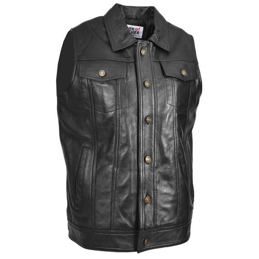 Mens Real Leather Waistcoat Classic Trucker Style Vest Teddy Black-3