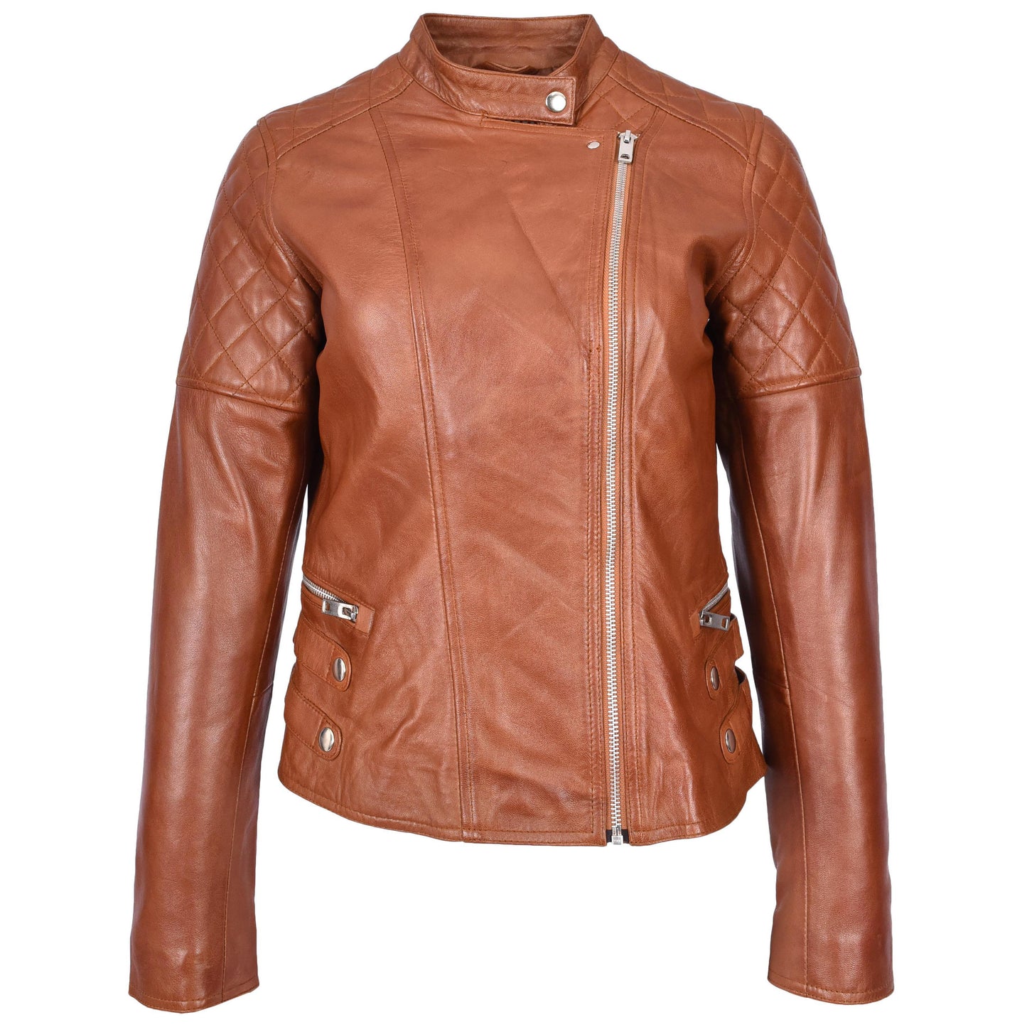 Womens Real Leather Biker Jacket Classic Cross Zip Style Molly Chestnut Tan-3