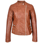 Womens Real Leather Biker Jacket Classic Cross Zip Style Molly Chestnut Tan-3