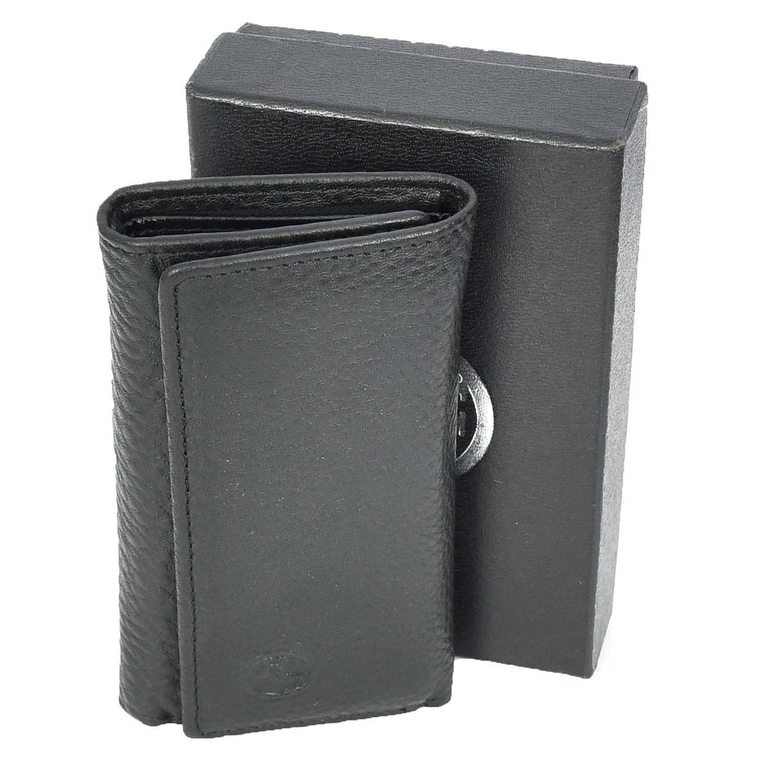 Genuine Leather Large Size Tri-Fold Wallet Key Case Pouch Cosen Black-4