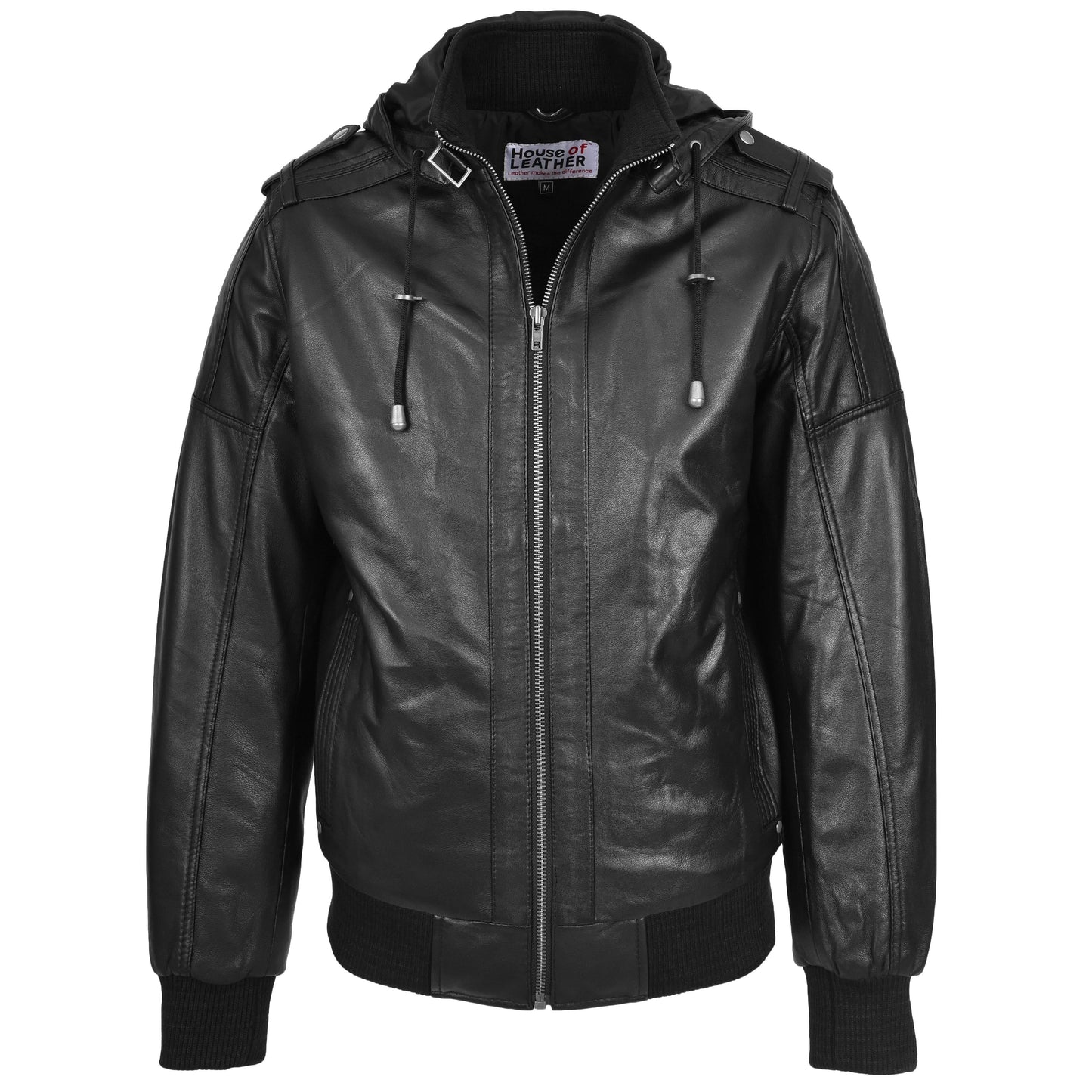 Mens Real Leather Bomber Jacket Trendy Removable Hood Style Reggie Black-1