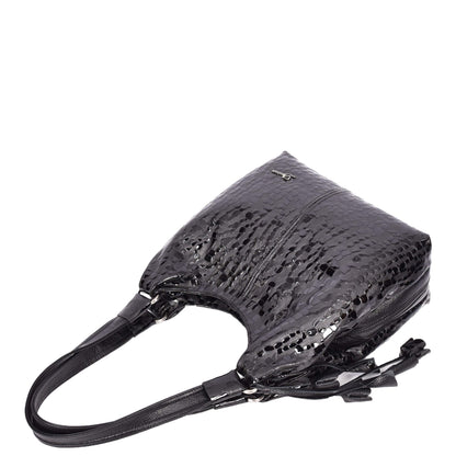 Women's Real Leather Croc-print Shoulder Bag Zip Opening Large Hobo Handbag Kimberly Black-5