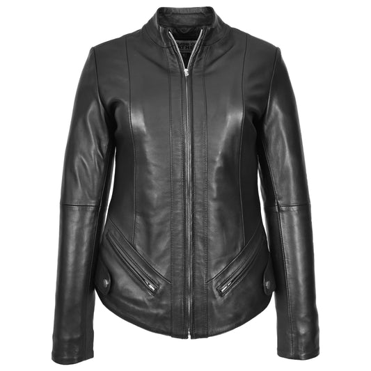 Womens Real Leather Slim Fit Biker Standing Collar Style Jacket Nibi Black-1