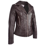 Womens Real Leather Biker Jacket Trendy Fitted Casual Style Emily Brown-4