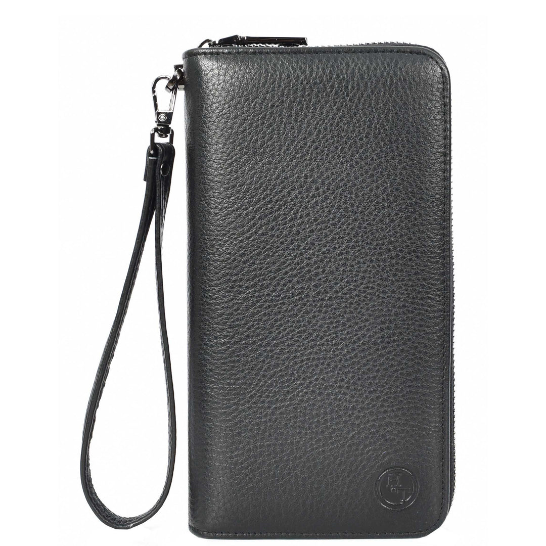 Genuine Leather Large Size Clutch Purse Coins Card Cash Travel Wallet Lorca Black