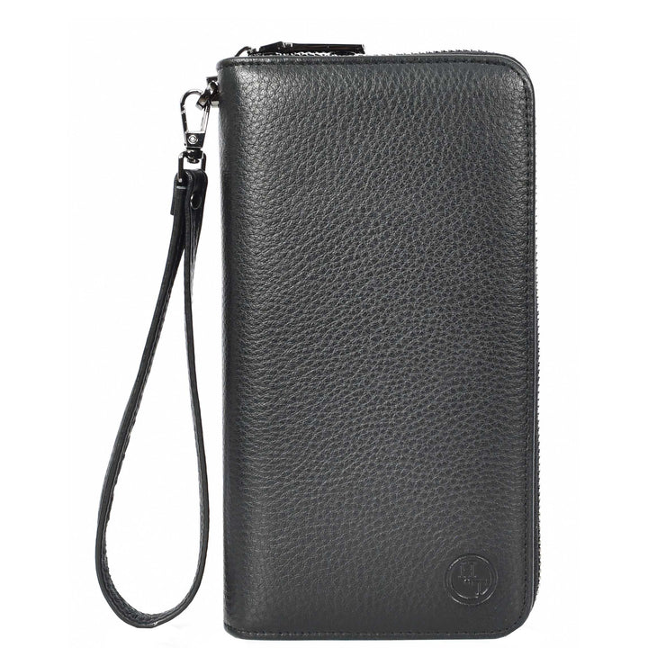 Genuine Leather Large Size Clutch Purse Coins Card Cash Travel Wallet Lorca Black