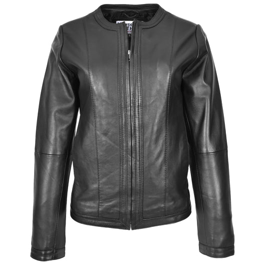 Womens Real Leather Collarless Fashion Jacket Slim Fit Style Clara Black-1