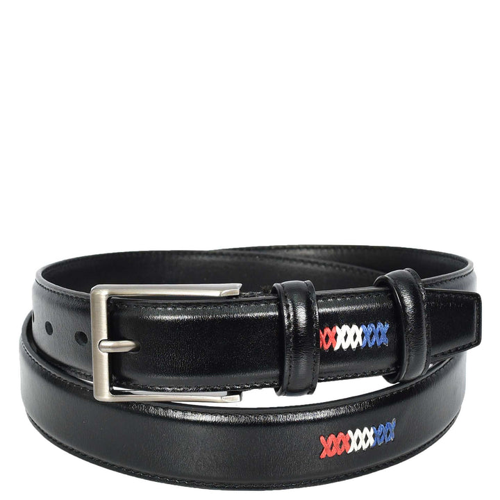 Mens Premium Leather Buckle Belt With Stitch Details Adjustable Casual Style Uluru Black