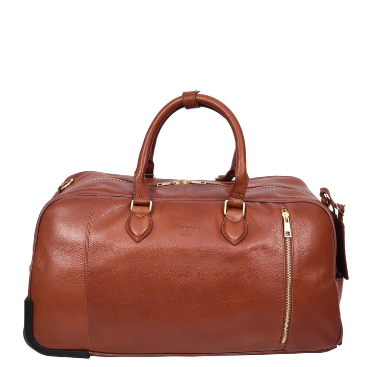 Genuine Leather Wheeled Holdall Duffel Weekend Overnight Bag Whitby Tan-3