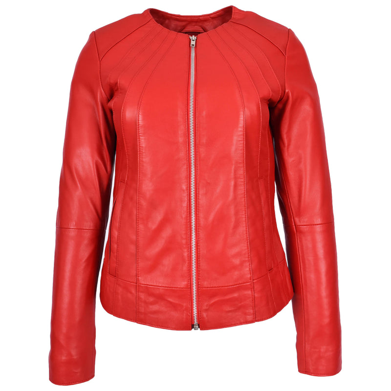 Womens Real Leather Collarless Jacket Classic Style Lottie Red-3