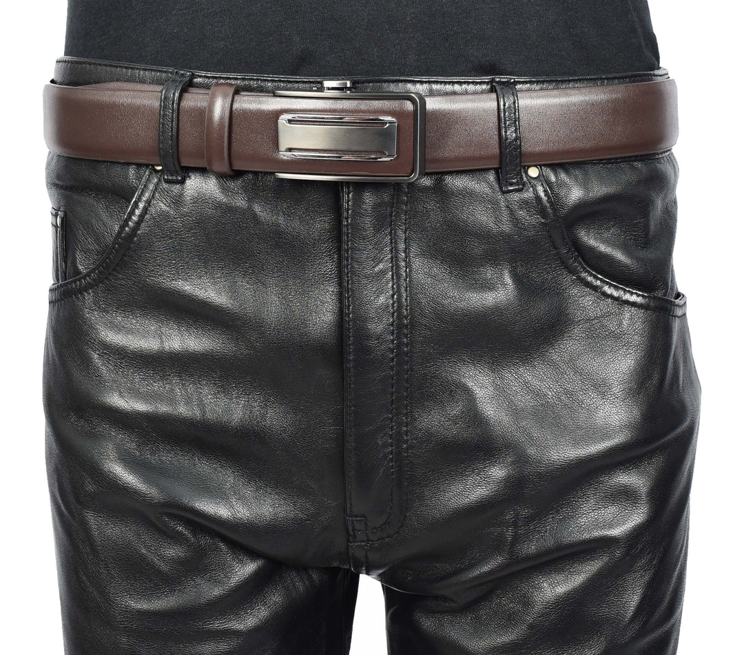 Mens Real Leather Adjustable Ratchet Automatic Casual Buckle Belt Luton Brown