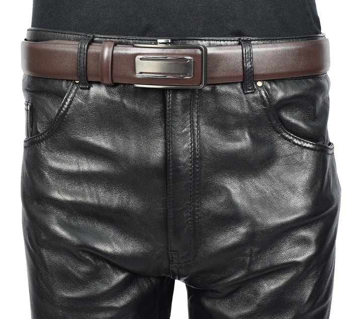 Mens Real Leather Adjustable Ratchet Automatic Casual Buckle Belt Luton Brown