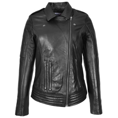 Womens Real Leather Biker Jacket Cross Zip Style Pam Black-3