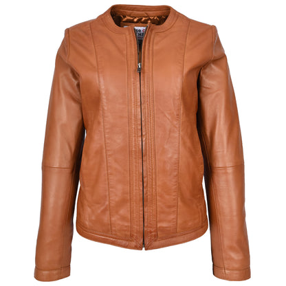 Womens Real Leather Collarless Fashion Jacket Slim Fit Style Clara Tan-1