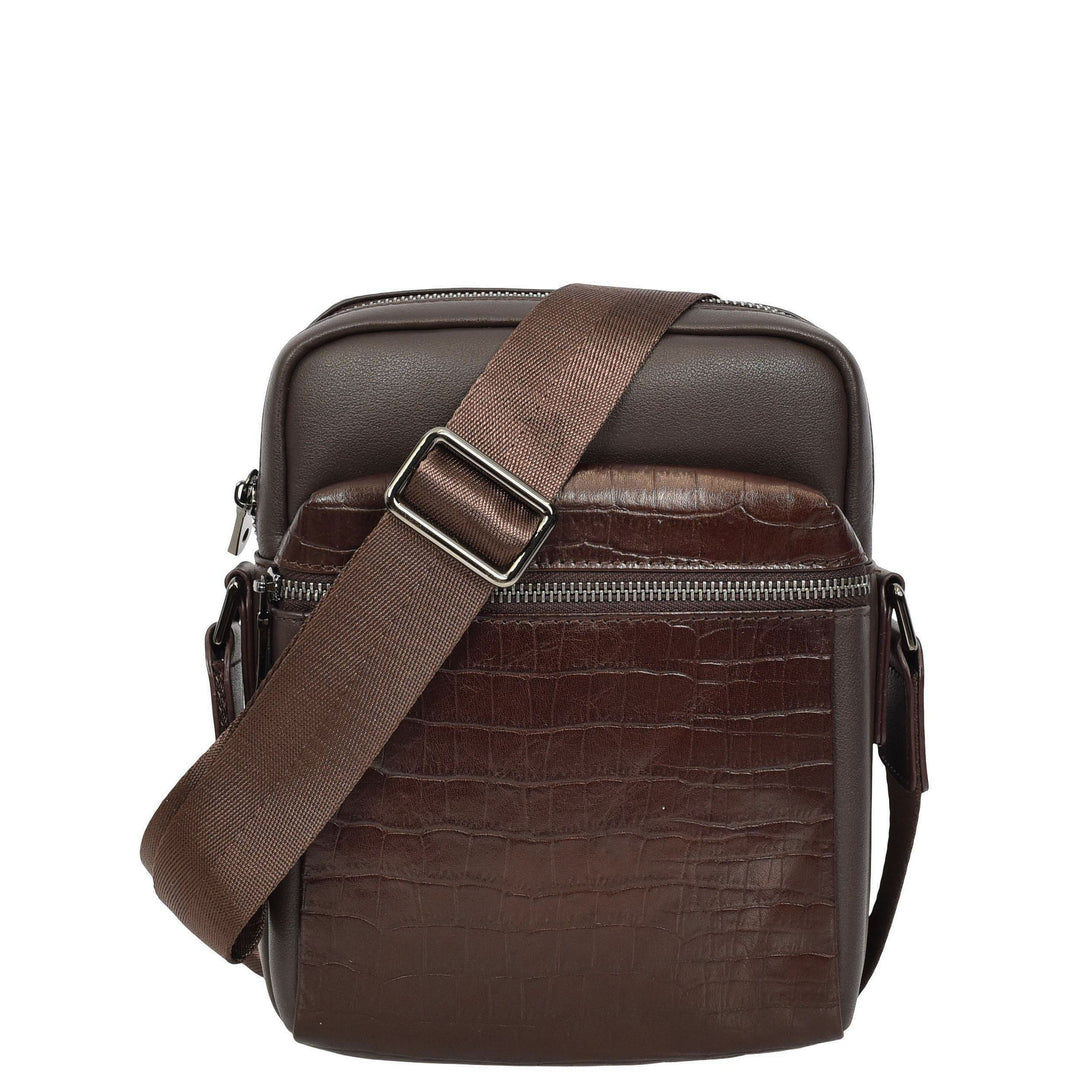Mens Real Leather Croc-Print Crossbody Bag Casual Messenger Flight Pouch Delmon Brown