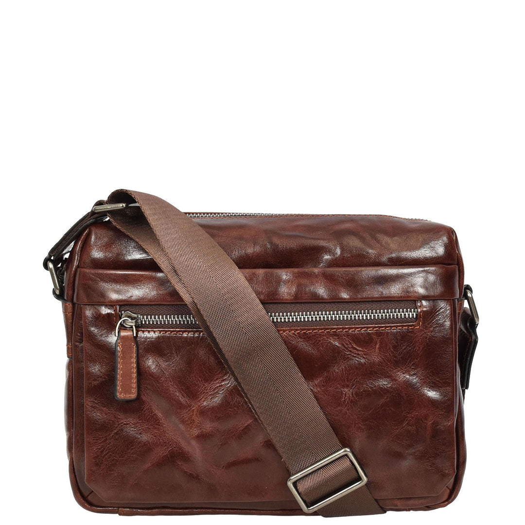 Mens Genuine Distressed Leather Crossbody Flight Bag Multiple Pockets Axel Brown