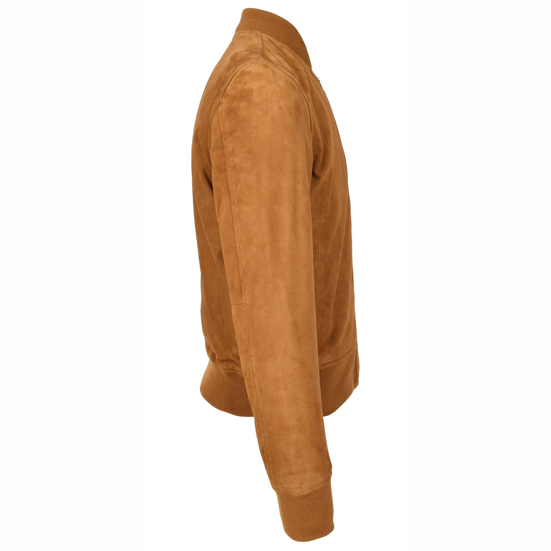 Mens Real Goat Suede Bomber Jacket MA-1 Varsity Design Ryan Cognac