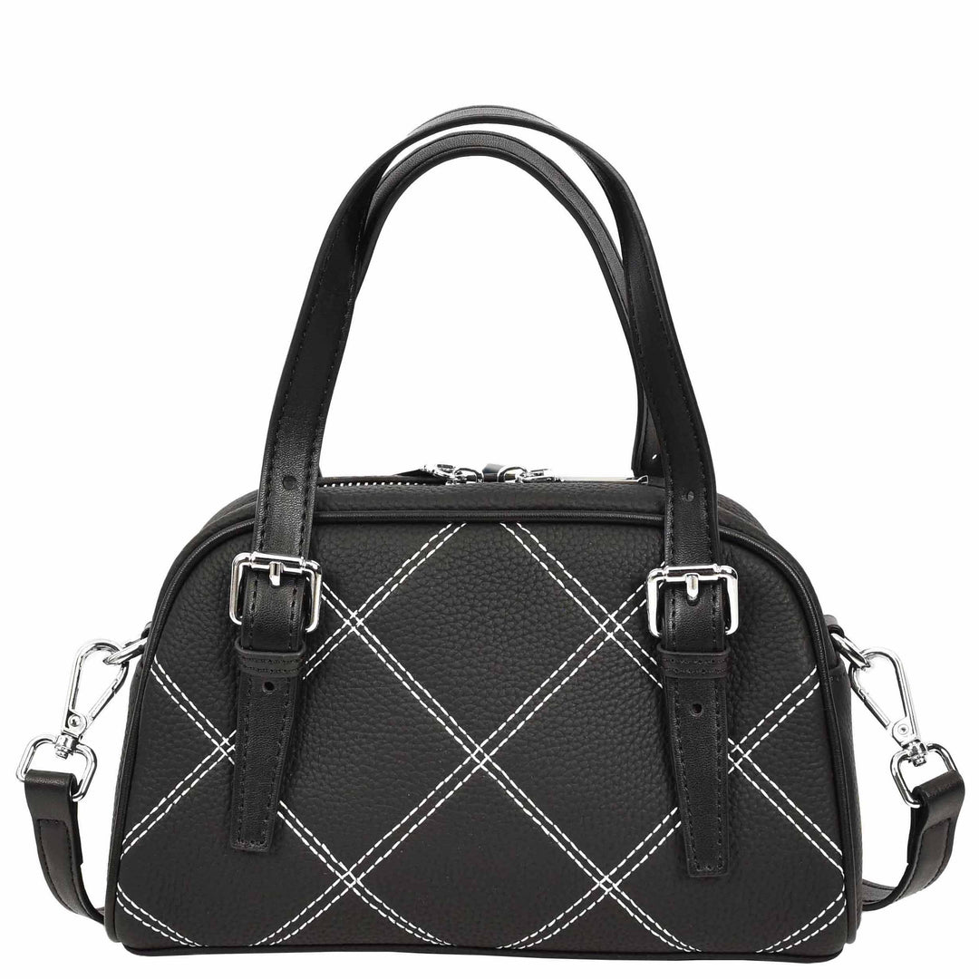 Women's Leather Satchel Handbag Quilted Stitch Design Anya Black 10