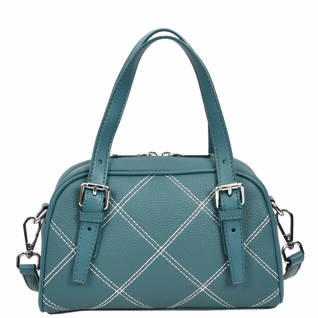 Women's Leather Satchel Handbag Quilted Stitch Design Anya Teal 10