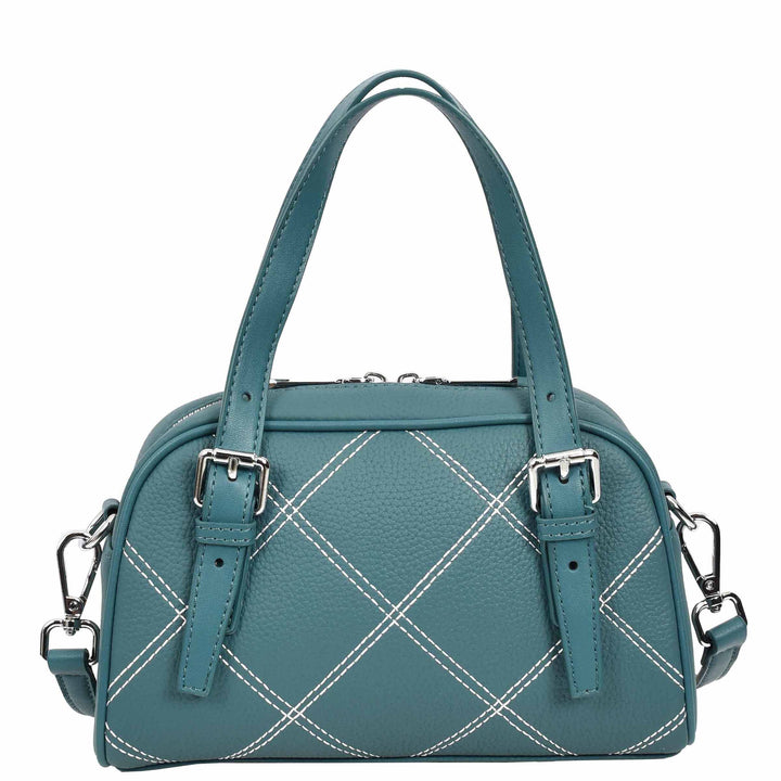 Women's Leather Satchel Handbag Quilted Stitch Design Anya Teal 10