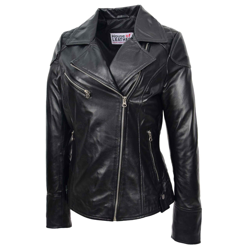 Womens Real Leather Biker Jacket Cross Zip Pockets Cherry Black 3